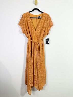 Maison Tara Mustard Yellow Short Sleeve V-Neck Lace Midi Dress NWT
